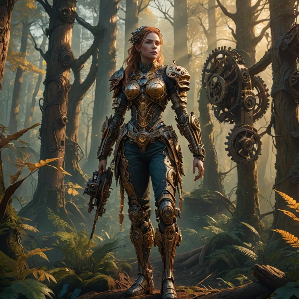 Wooden and Metal Woman in Mystical Forest