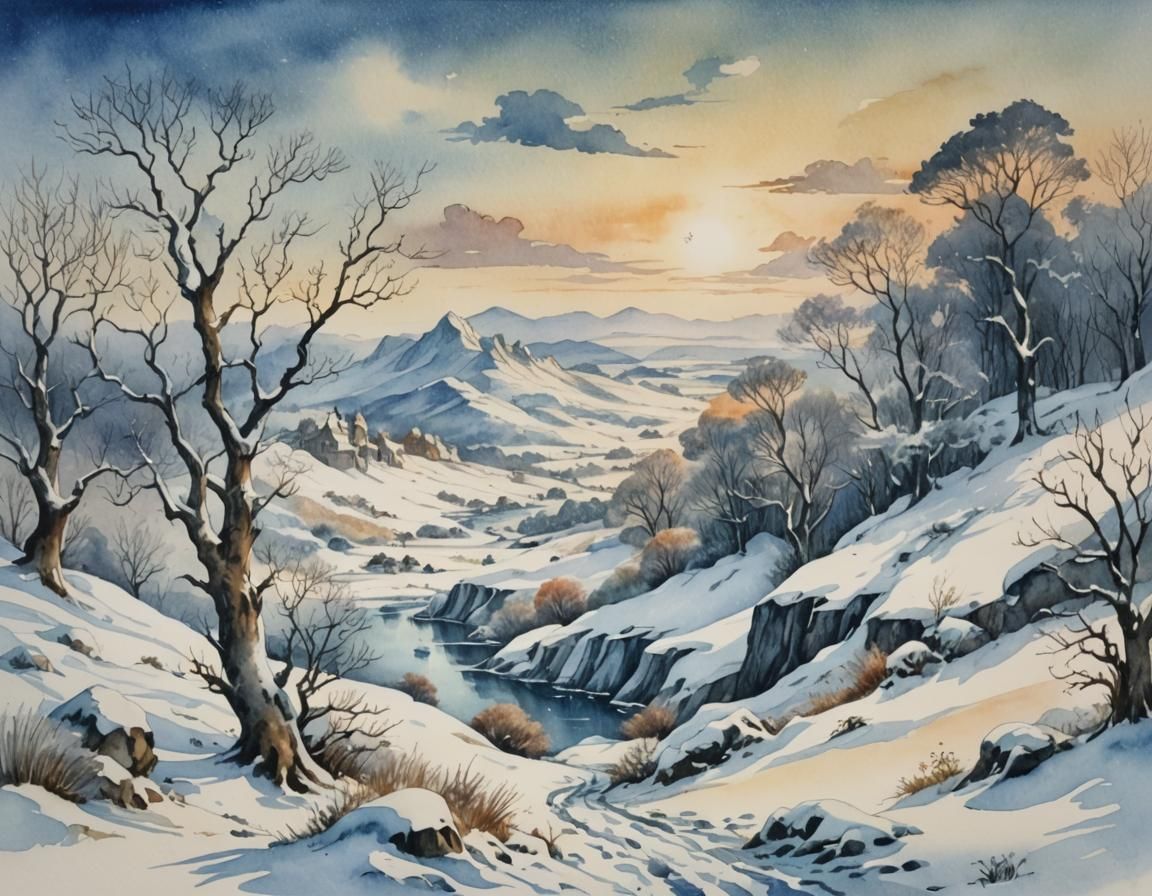Snowy Fantasy Landscape in Watercolour Style