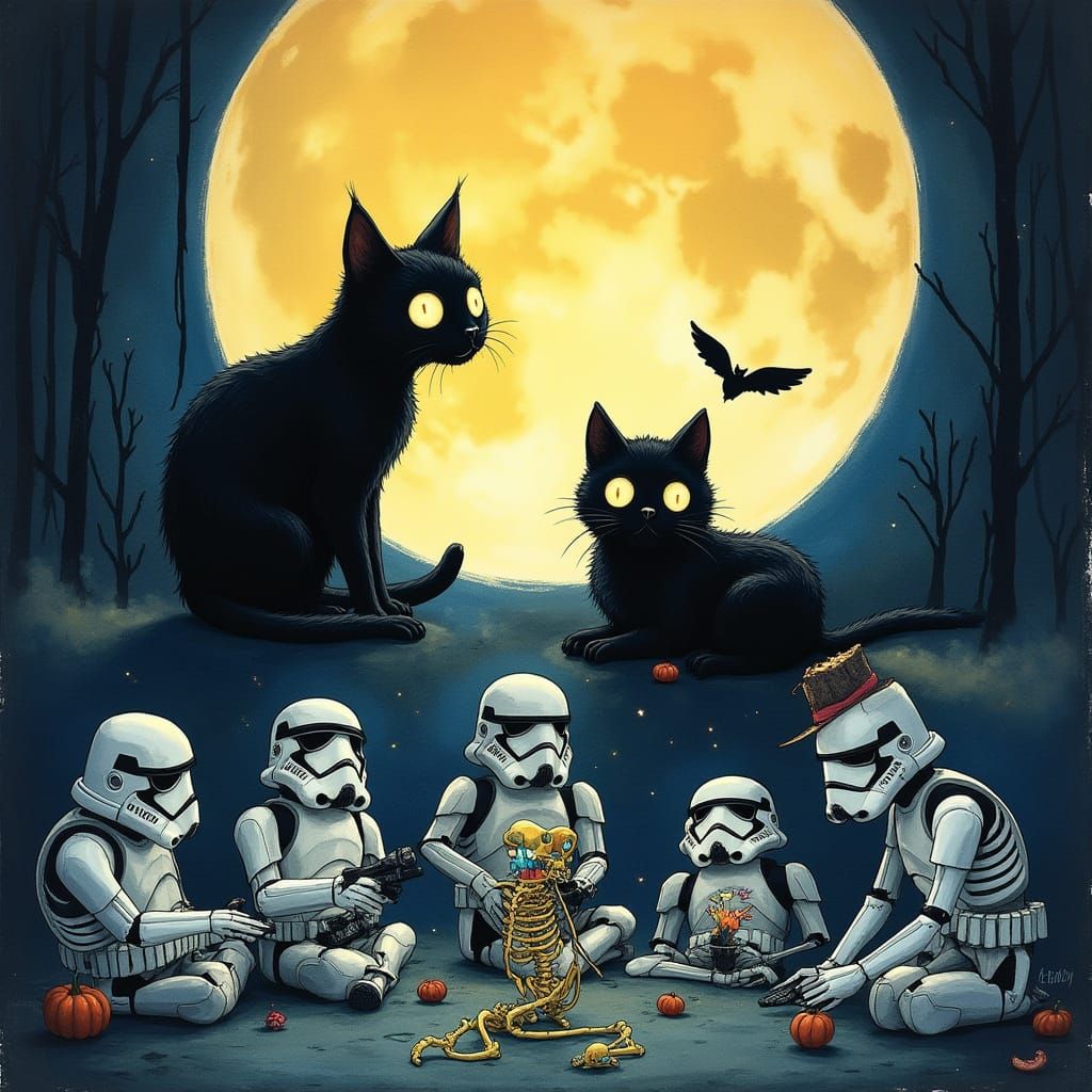 Ethereal Cat with Moon and Comical Stormtroopers