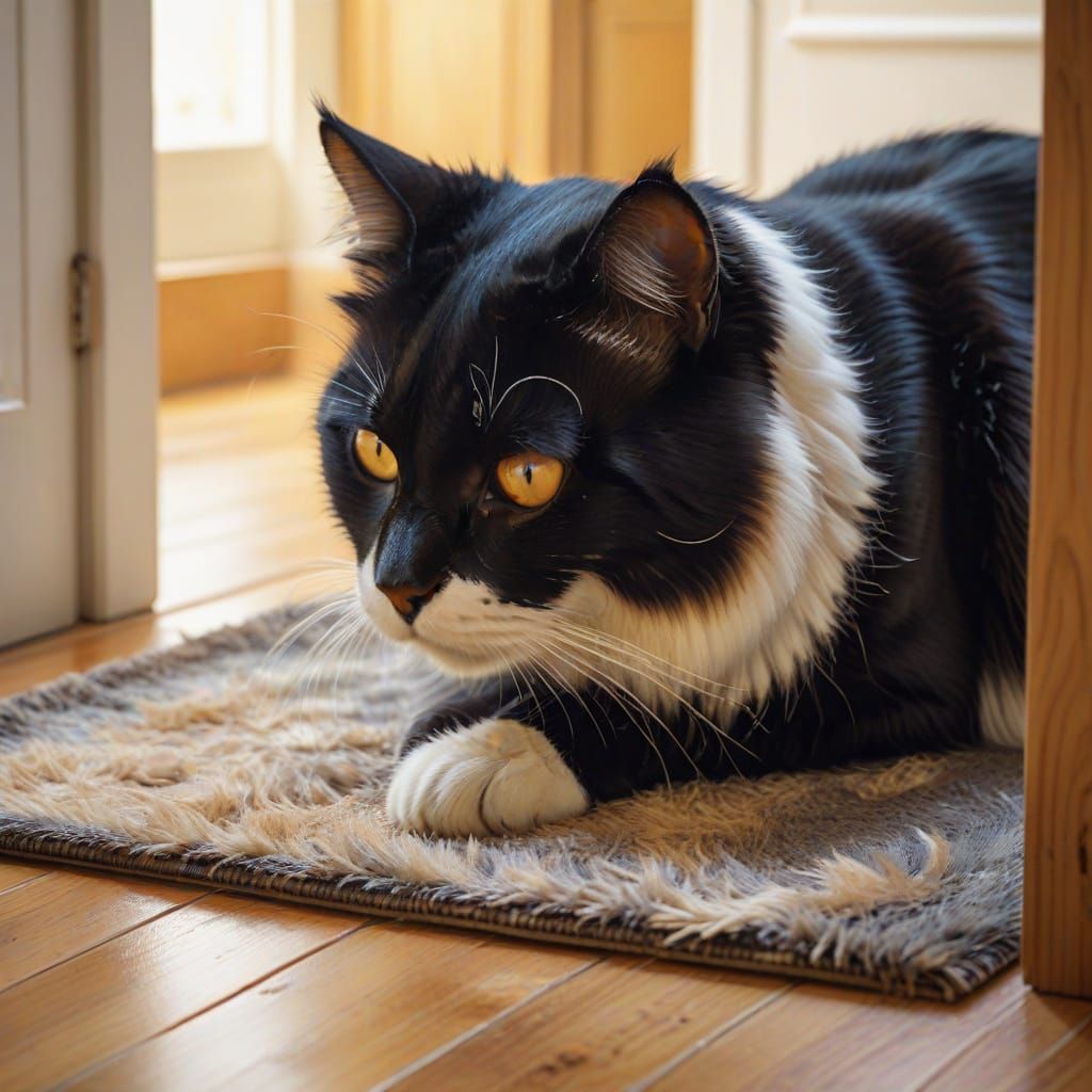 Black and White Cat Stalking in Oil Paint Style