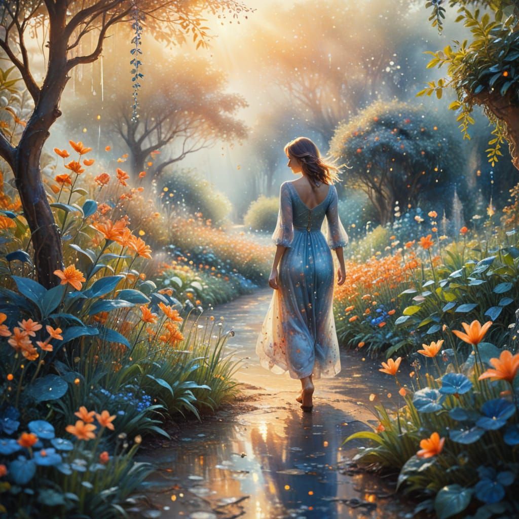 Whimsical Woman Strolls Through a Vibrant Fantasy Garden