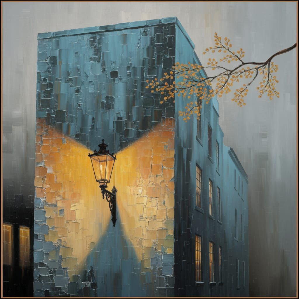 Textured Painting of Weathered Building with Amber Street La...