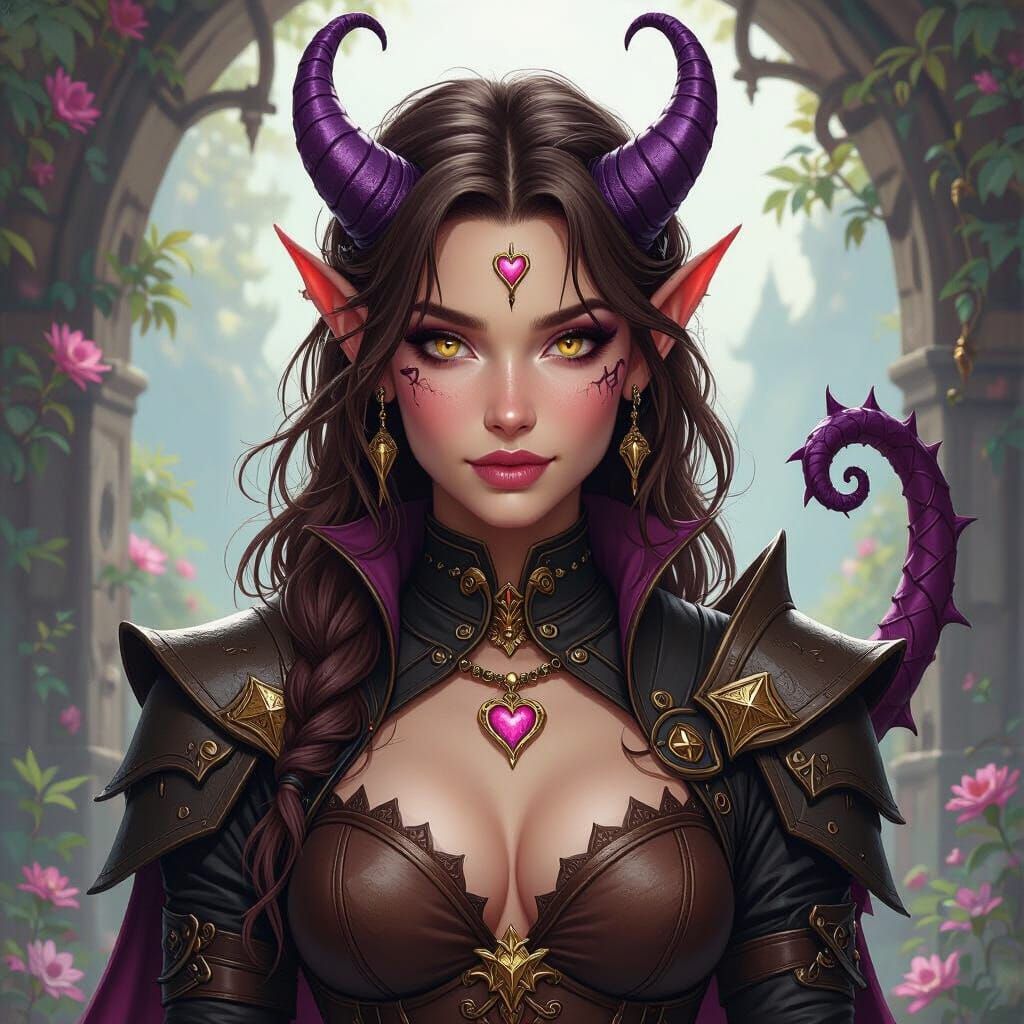 Tiefling Character with Dragon Tail in Mystical Realm