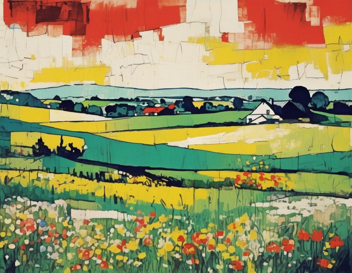 Vibrant Grunge Spring Landscape in Pop Art Aesthetic