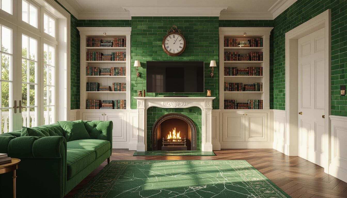 Vibrant Victorian Living Room with Fireplace and Bookshelves