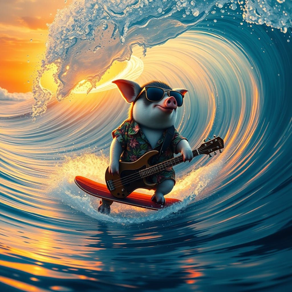 Surreal Pig Penguin Shreds Sunset Ocean Wave in Photorealist...