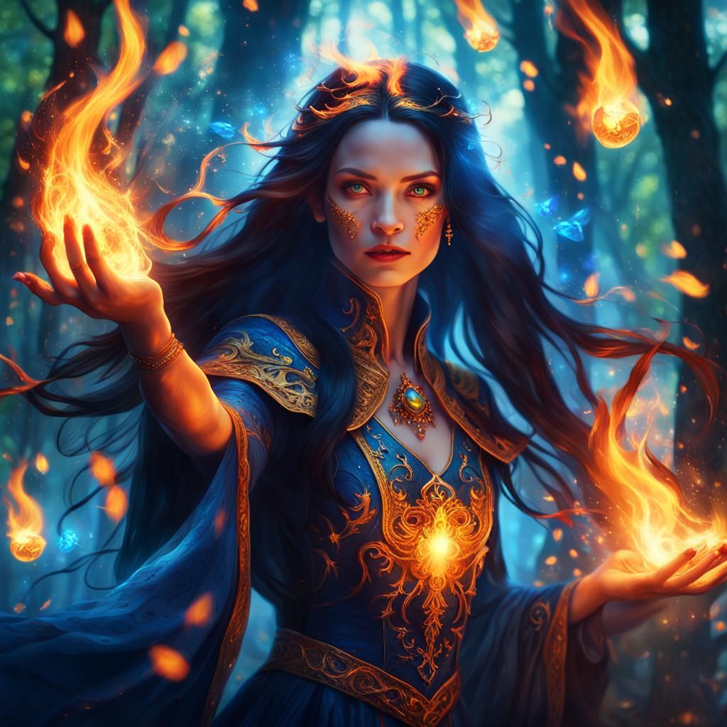 Enchantress in Fiery Forest, Fantasy Concept Art