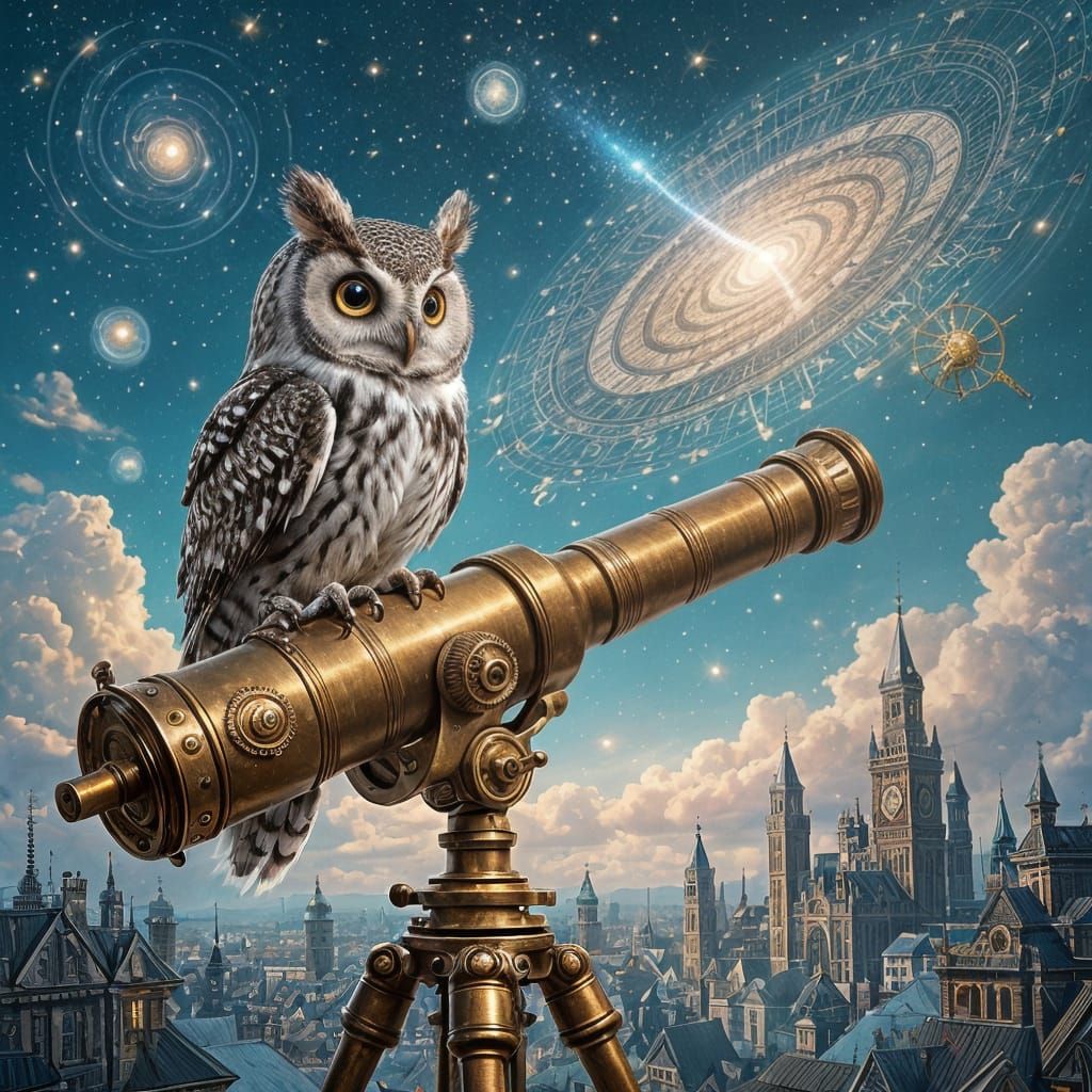 Clockwork Owl on Telescope Gazing at Galactic Gears
