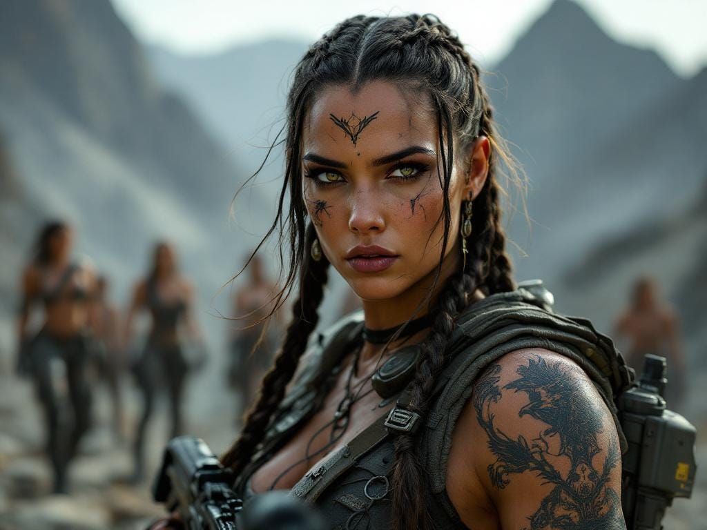 Fierce Amazon Warrior Portrait in Post-Apocalyptic Style