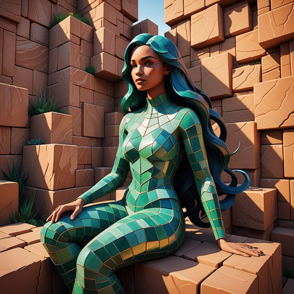 Neo-Cubist Mermaid in Glowing Sandstone Chamber