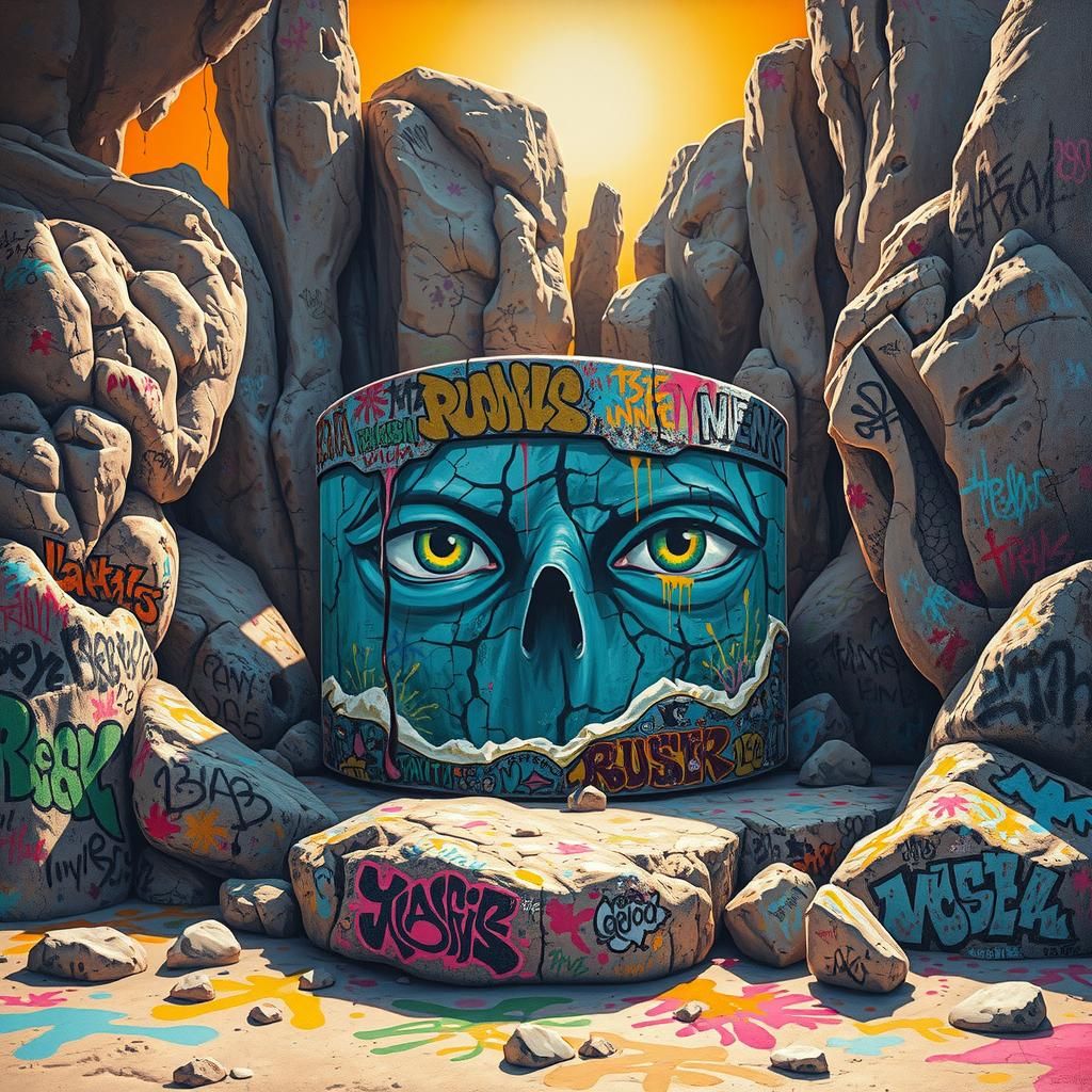 Surreal Desert Aquarium with Graffiti Art in Oil Gouache