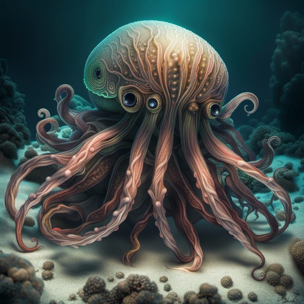 Bioluminescent Deep Sea Creature with Fiber Optic Tentacles