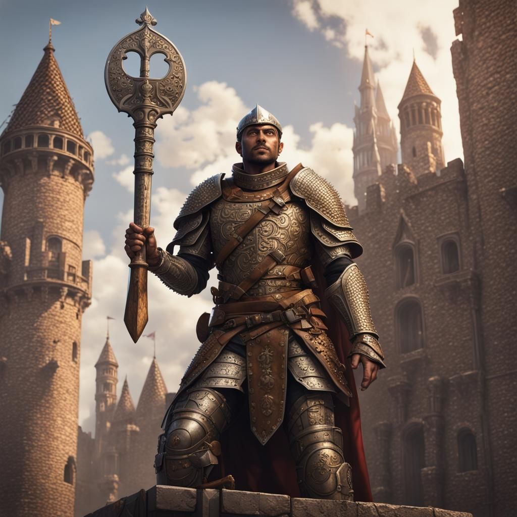 Indian Paladin Warrior in Medieval City, Digital Art