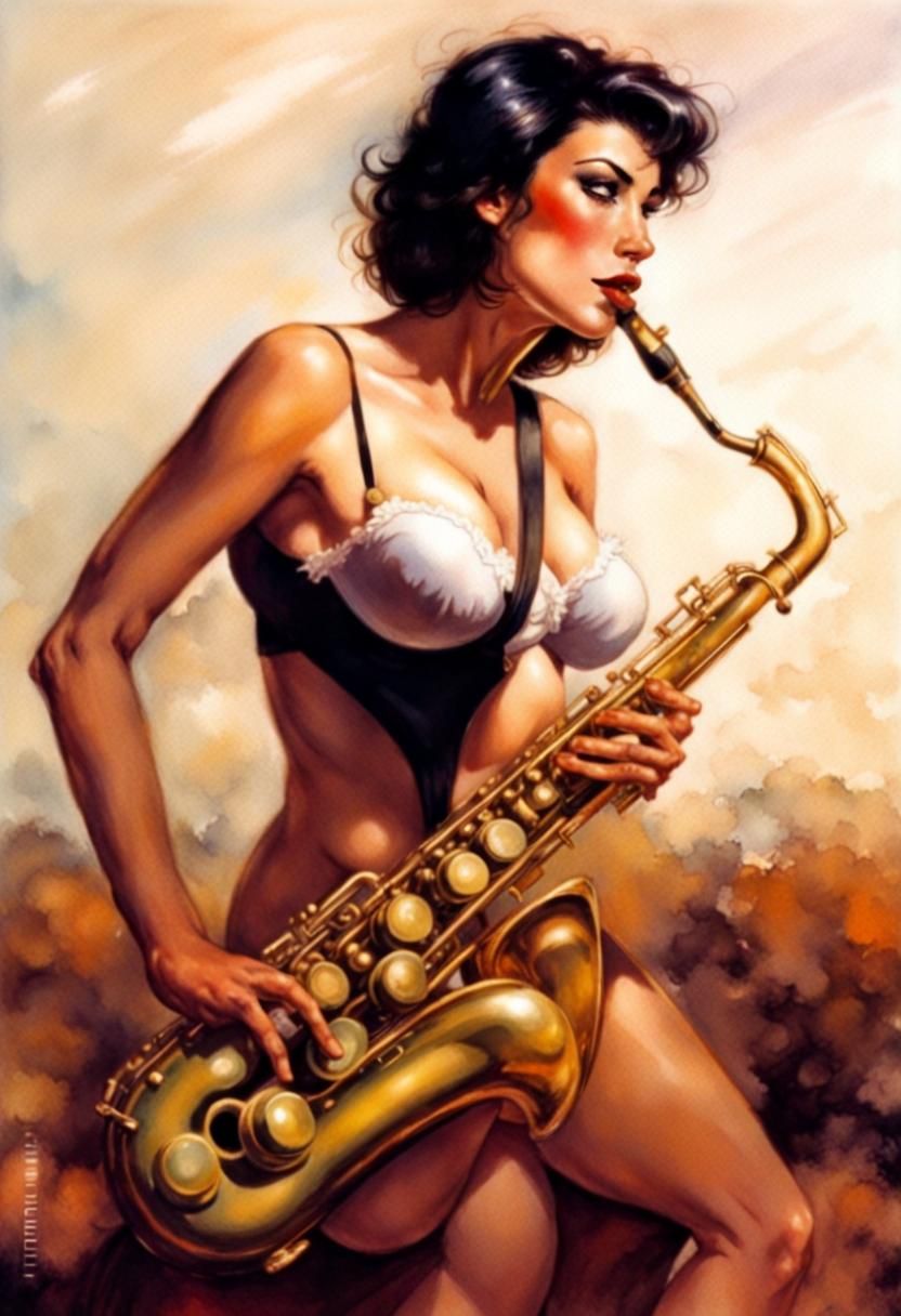 Woman with Saxophone in Acrylic and Watercolor Style
