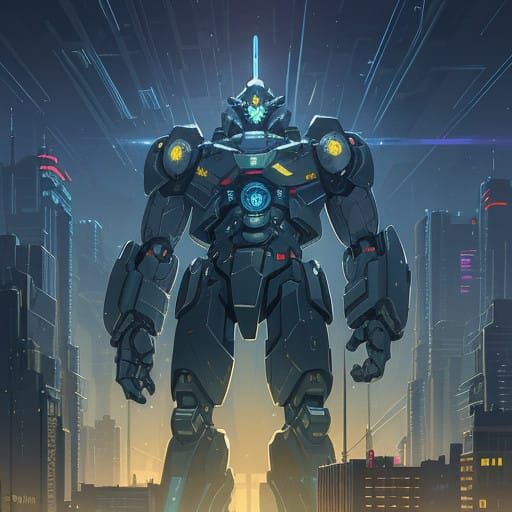 Cyberpunk Mech Watches Over Futuristic Cityscape