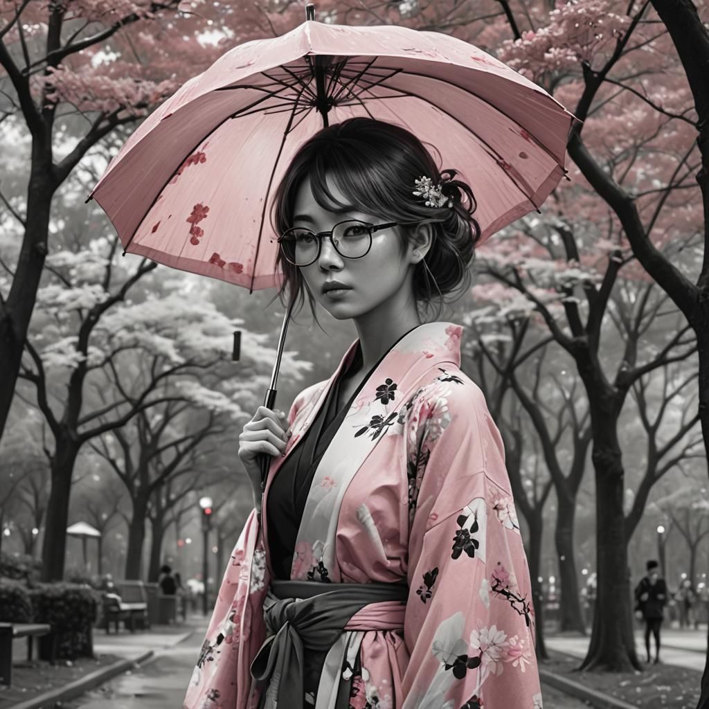 Anime Woman in Park with Color Splash