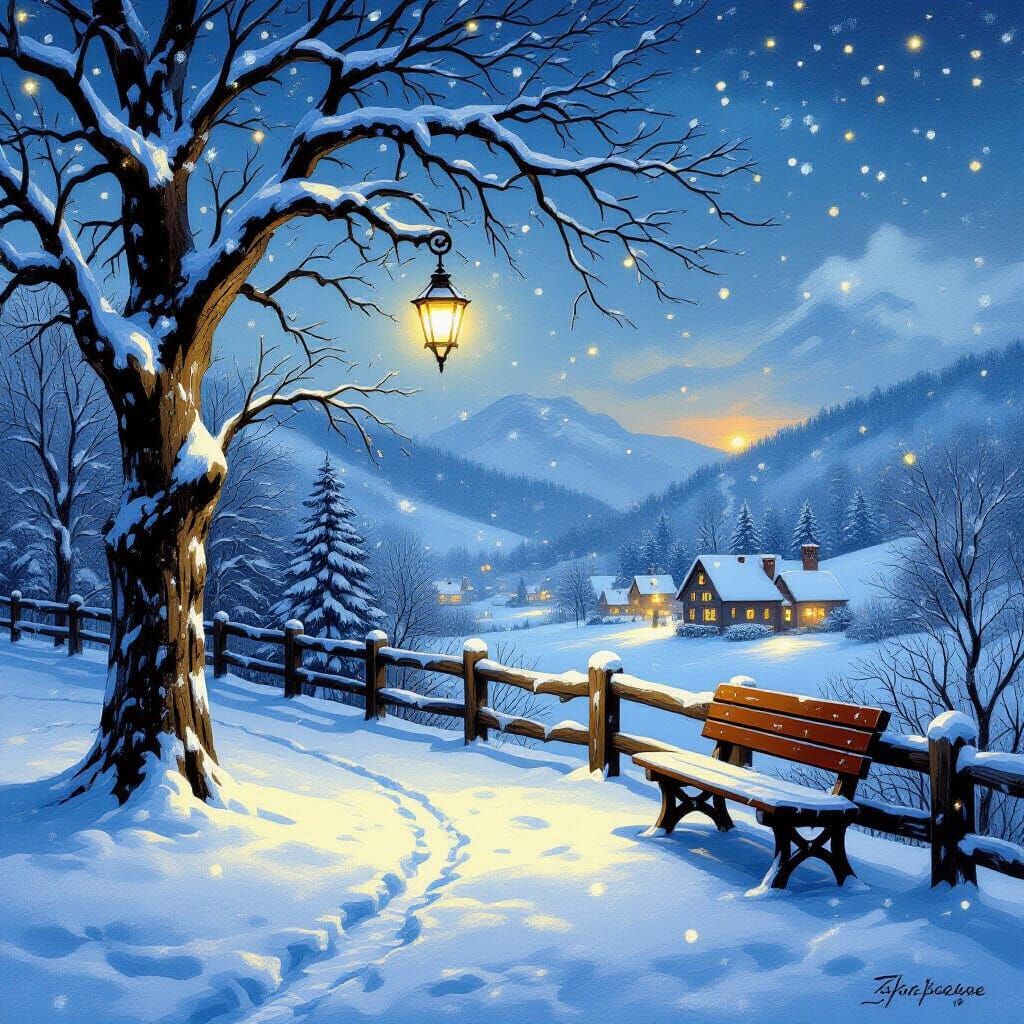 Winter Christmas Scene with Snowy Trees and Lights