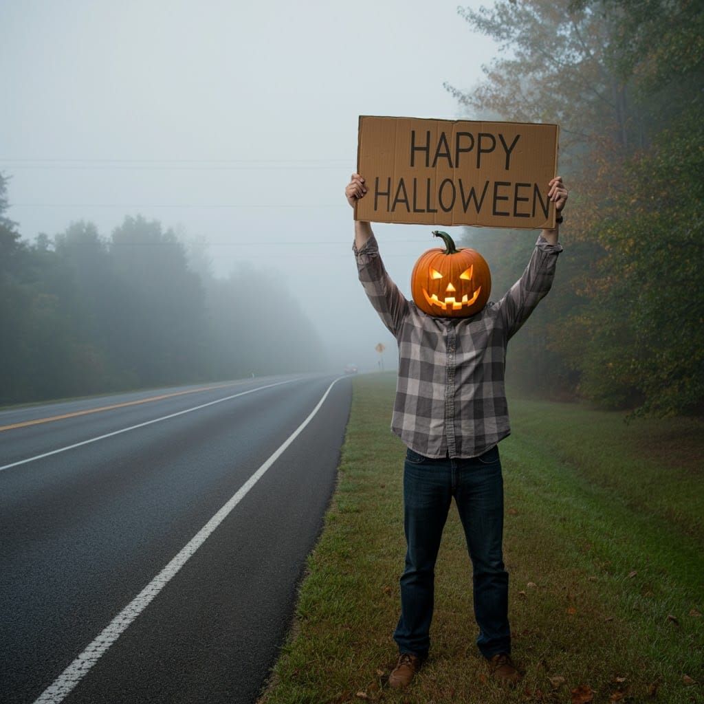 Pumpkin Headed Man with Halloween Sign