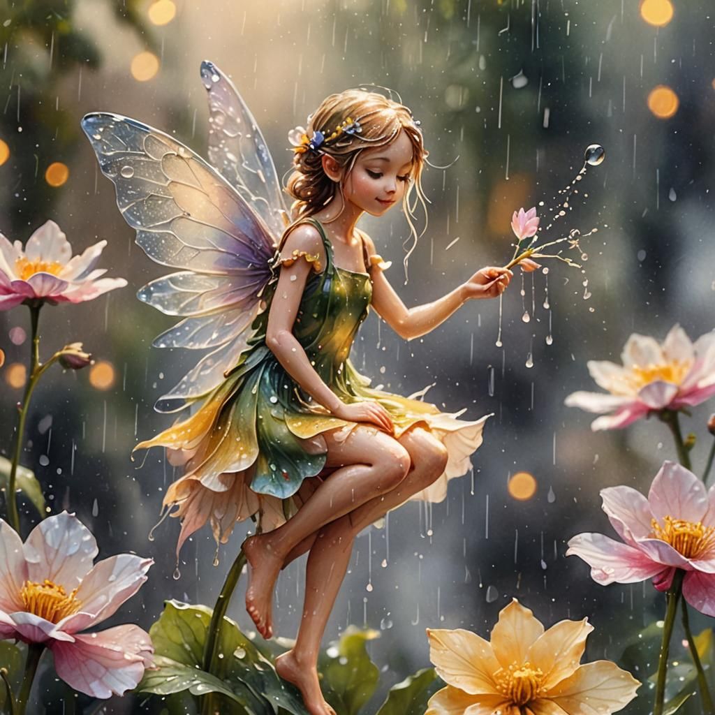 Fairy Painting Raindrops in Watercolor Concept Art