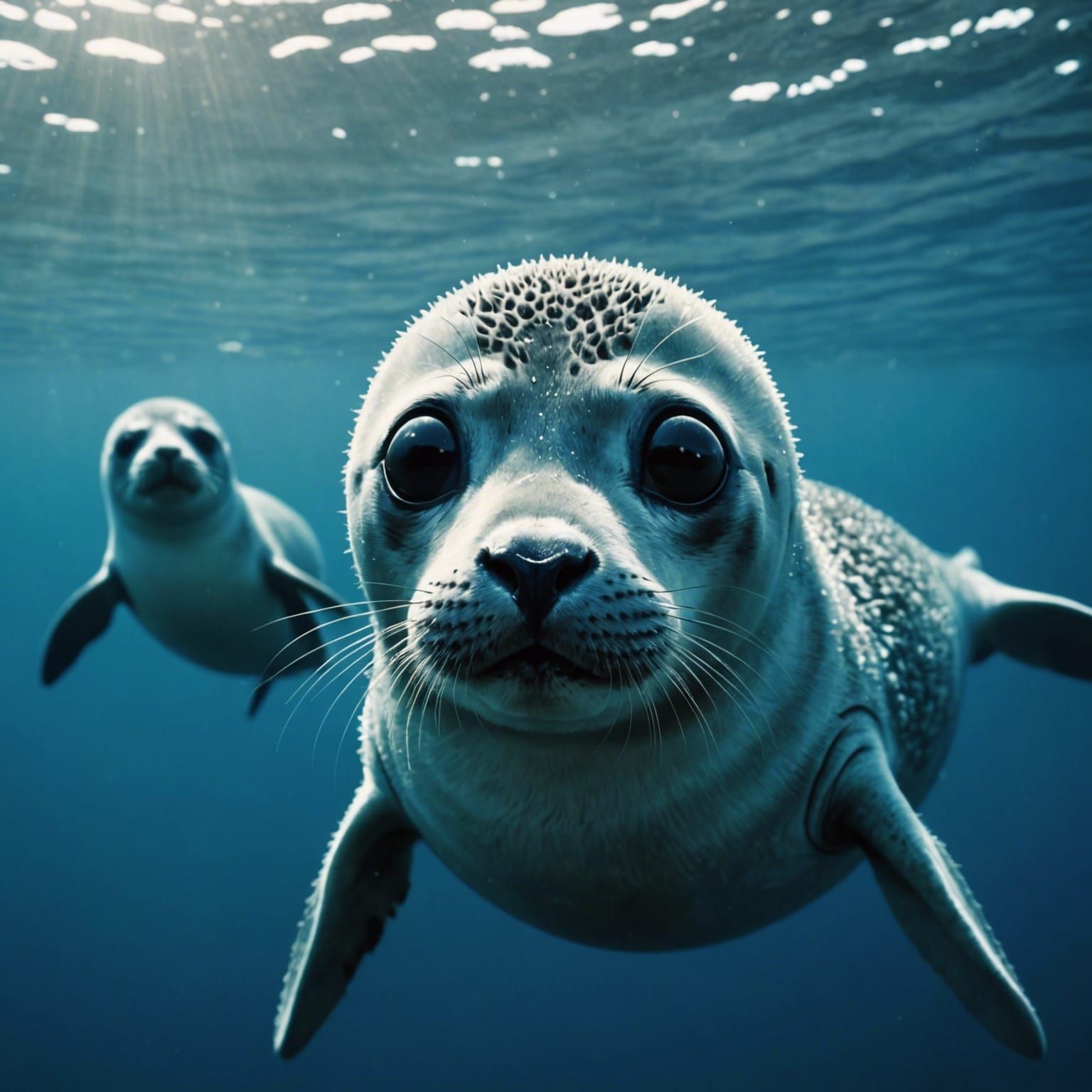 Adorable Blue Baby Seals in Surreal Ocean Scene