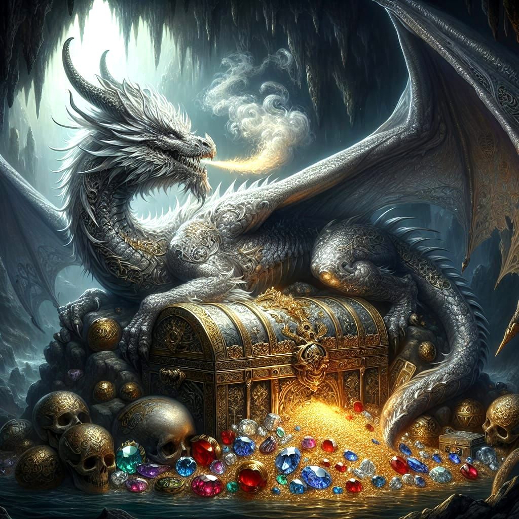Majestic Silver Dragon Hoard: Illustrative Painting