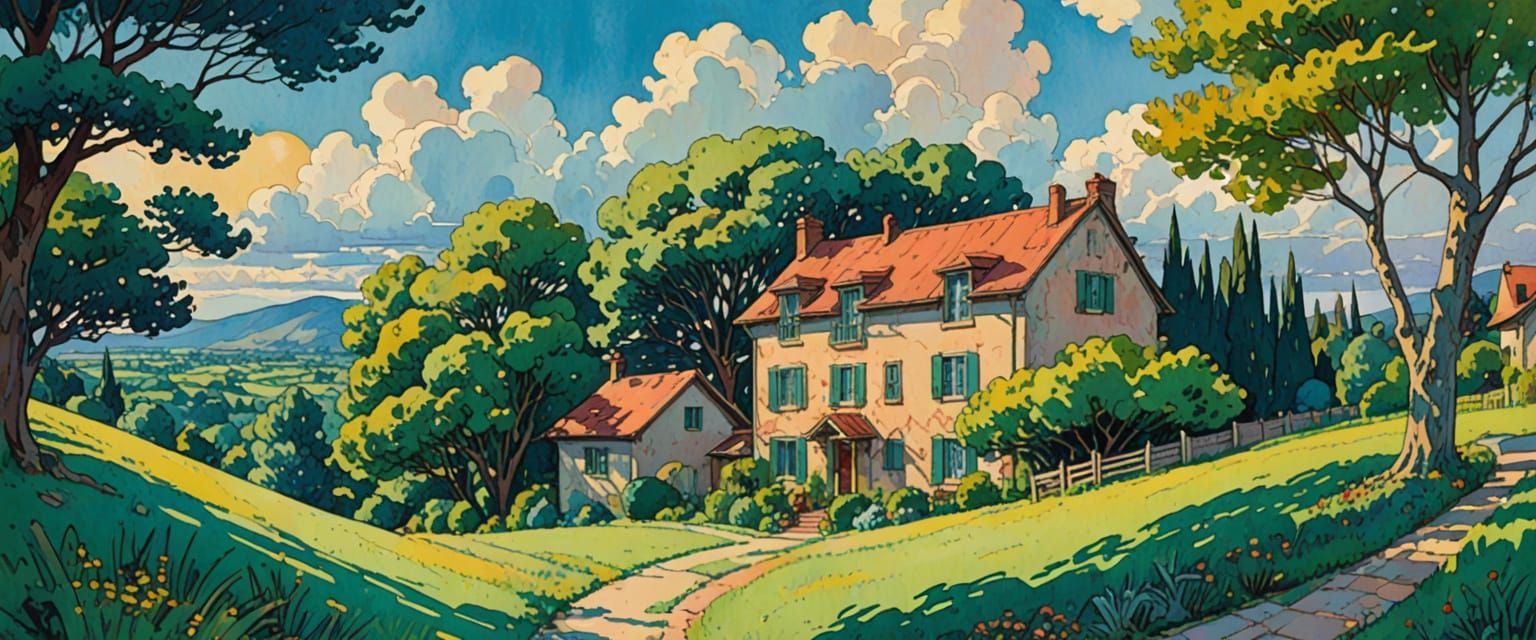 Vast Landscape with Houses and Trees in Retro Comic Style