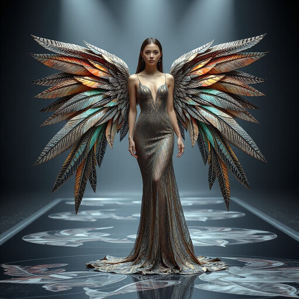 Model in Parrot Wing Dress: Futuristic Fashion