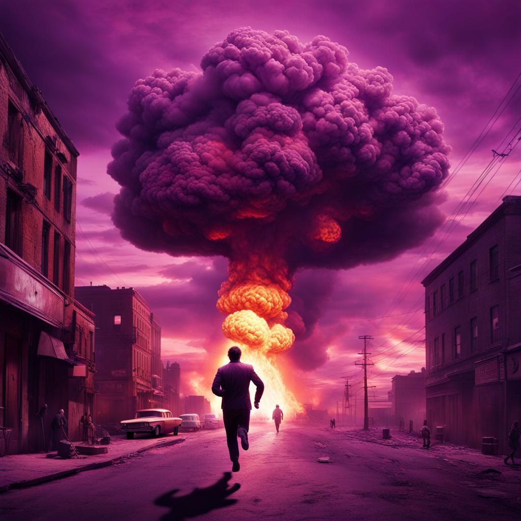 Nuclear explosion. A man is running away from the explosion ...