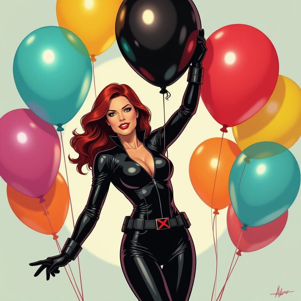 Black Widow and Birthday Balloons in Stylized Action