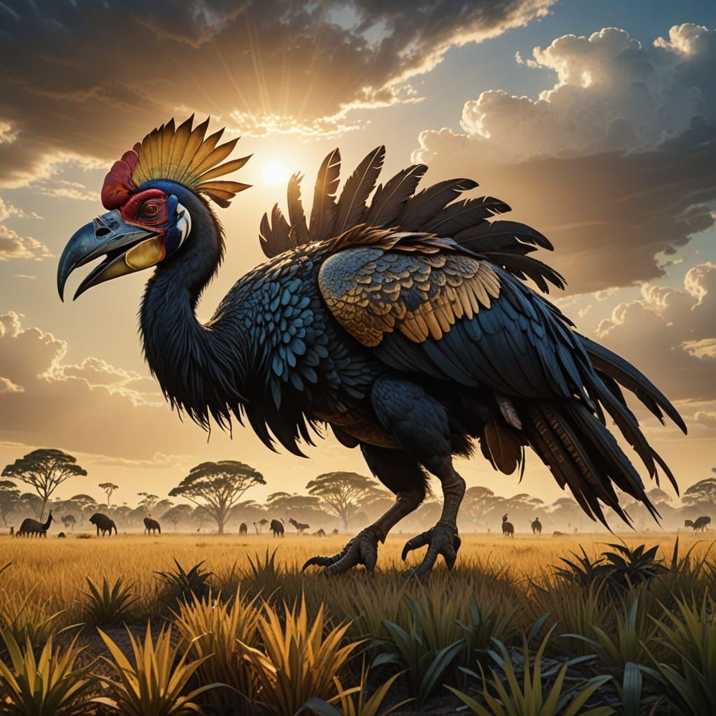 Prehistoric Terrorbird Stalks Ancient Plains in Golden Sunli...