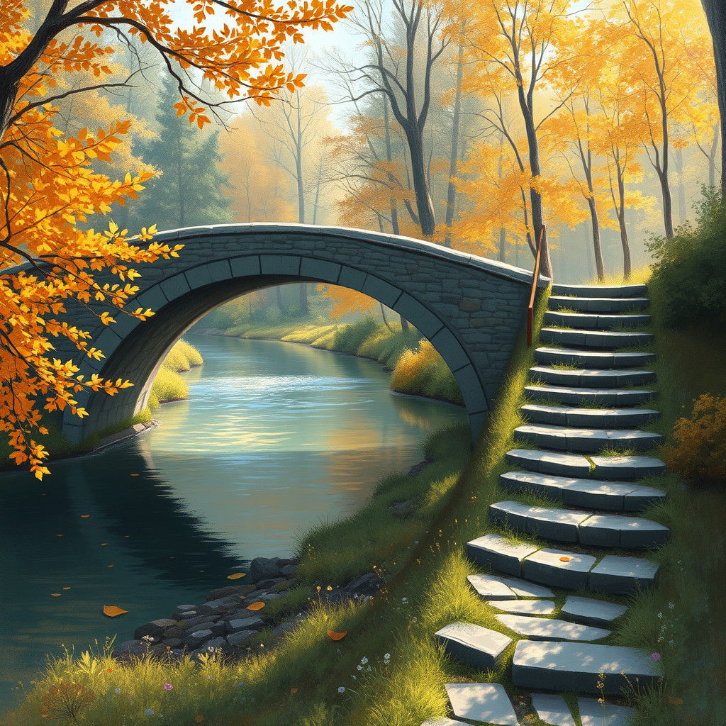 Impressionistic Stone Bridge in Autumn Landscape