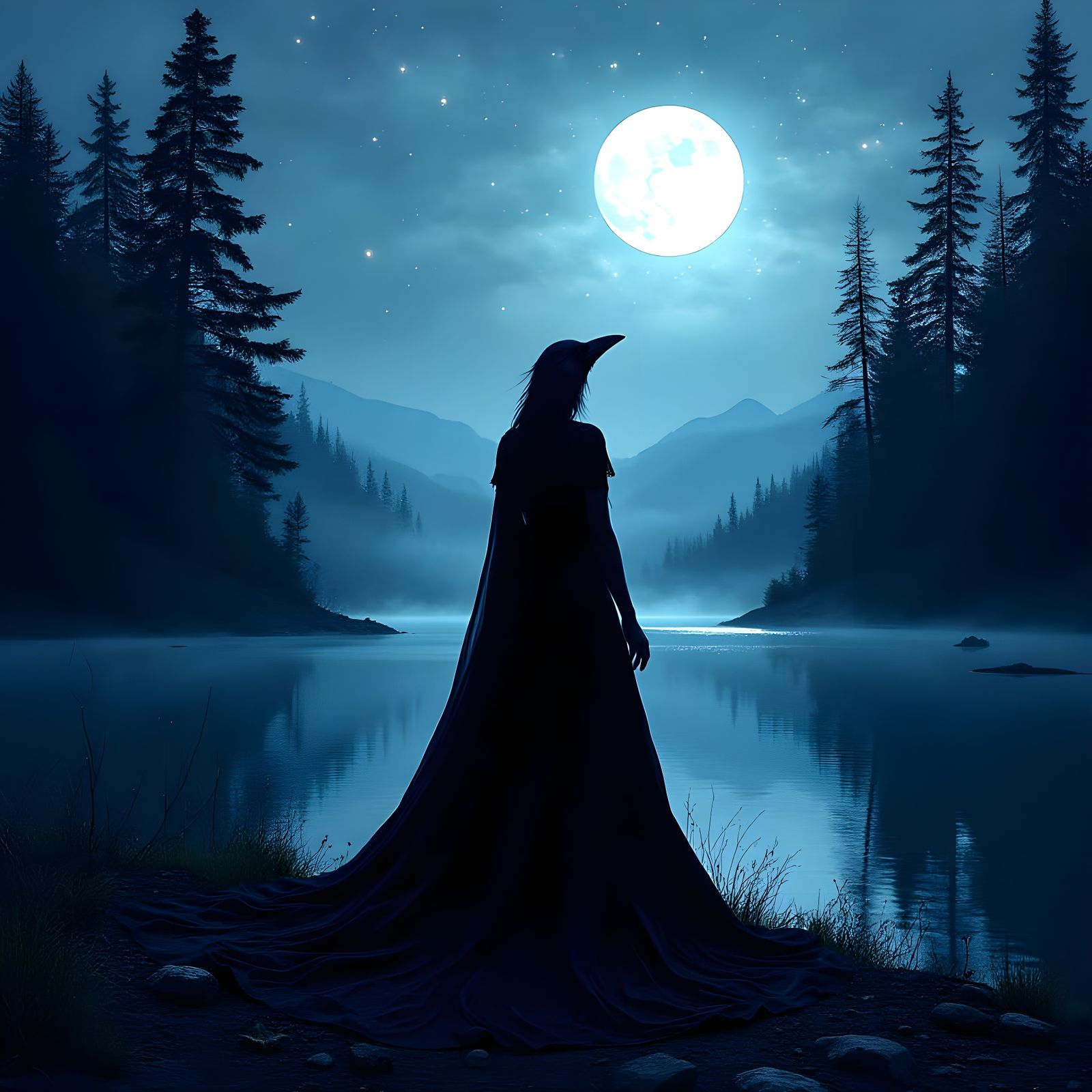 Dark Lake with Crow Goddess in Forest