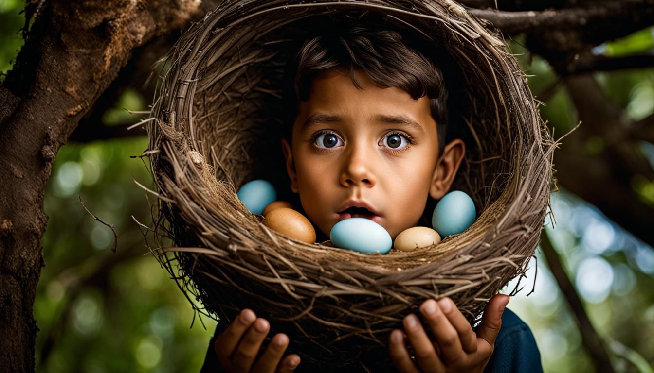 Boy's Awe: Hyperrealistic Nest Discovery in Splash Art