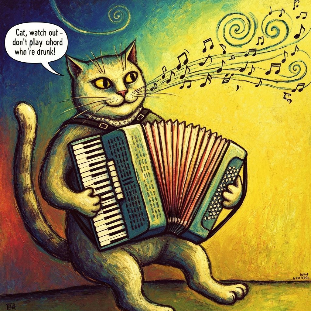 Whimsical Cat Plays Accordion in Chagall Style