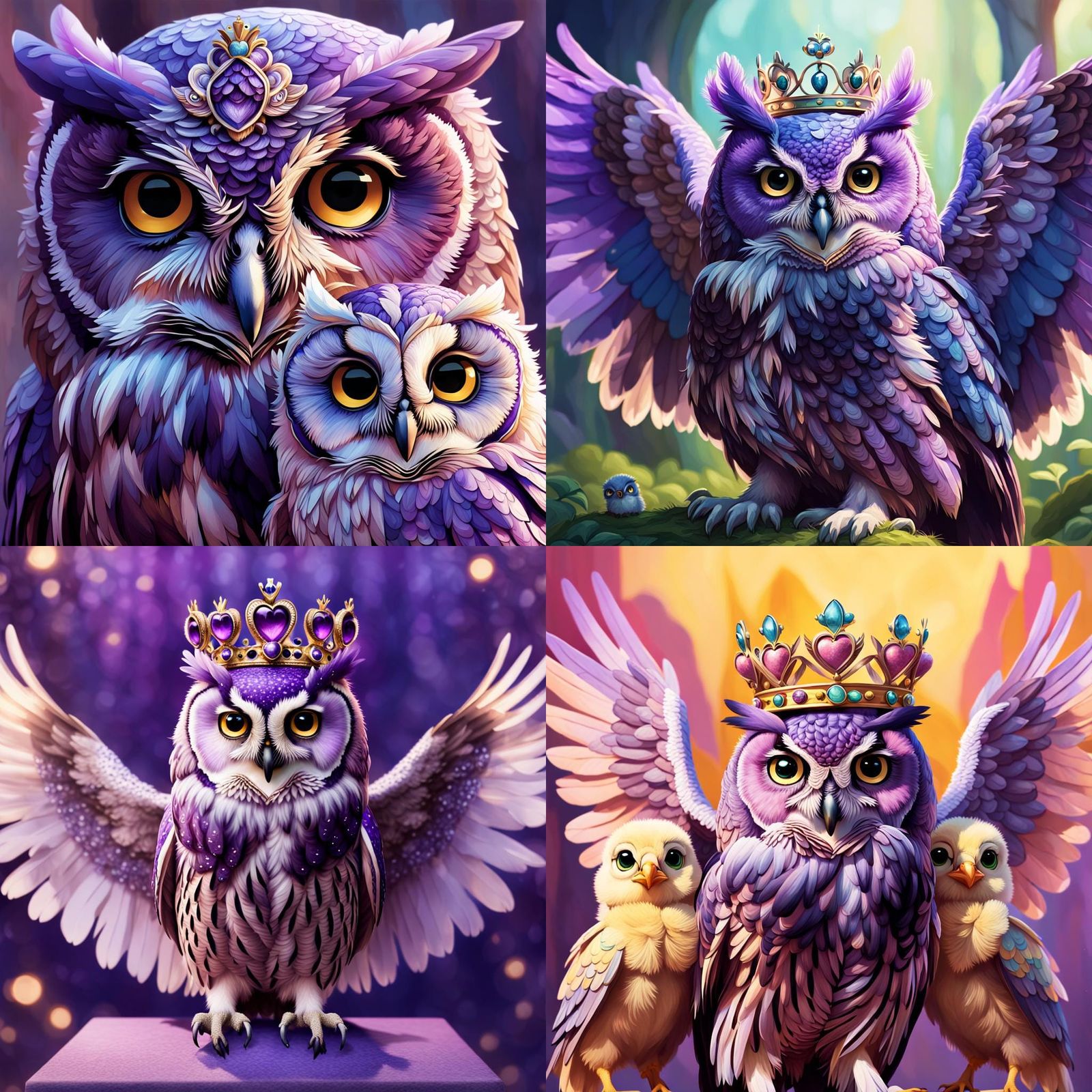 Hyperrealistic Purple Owl with Chicks and Crown