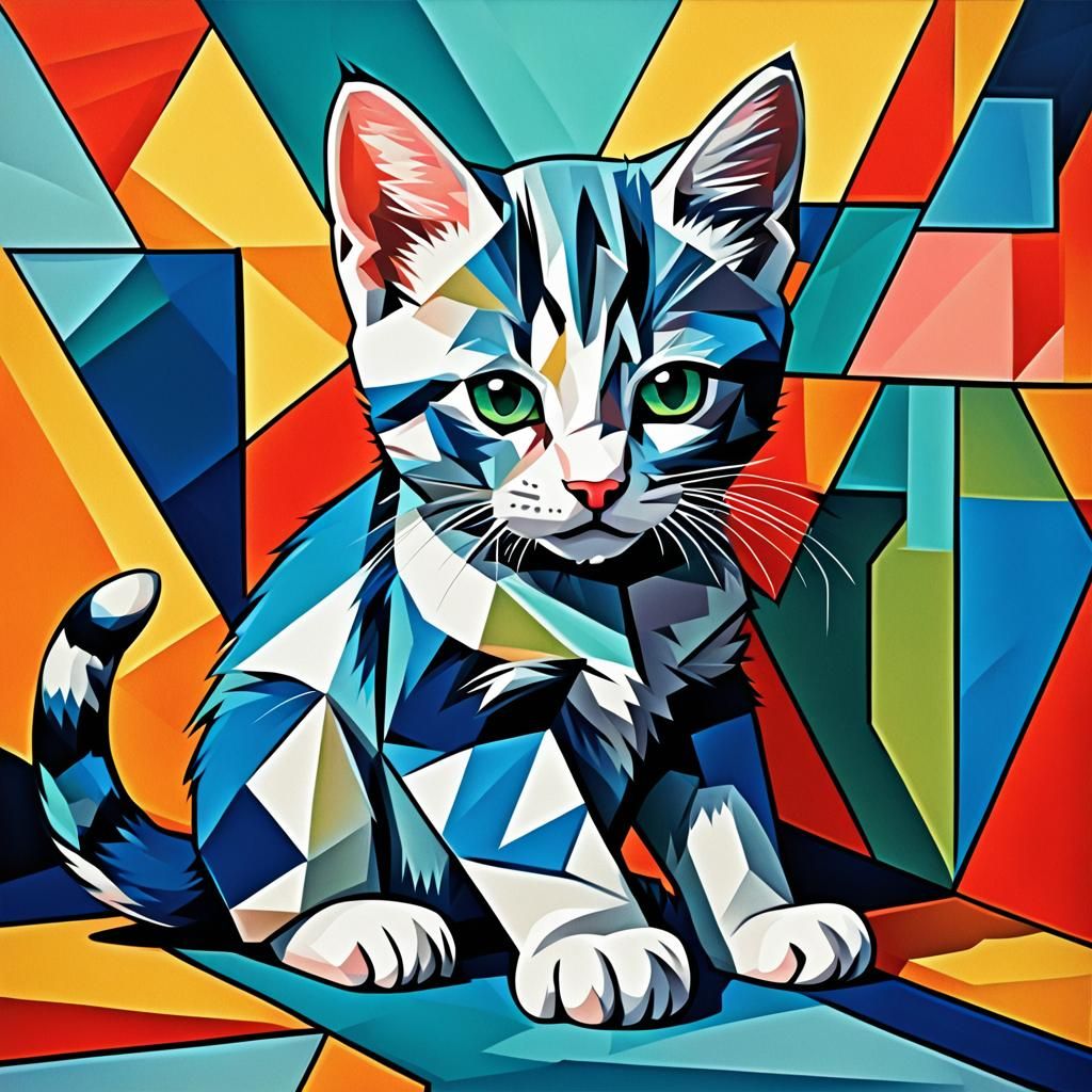 Cubist Kitten Licking Paw in Geometric Style