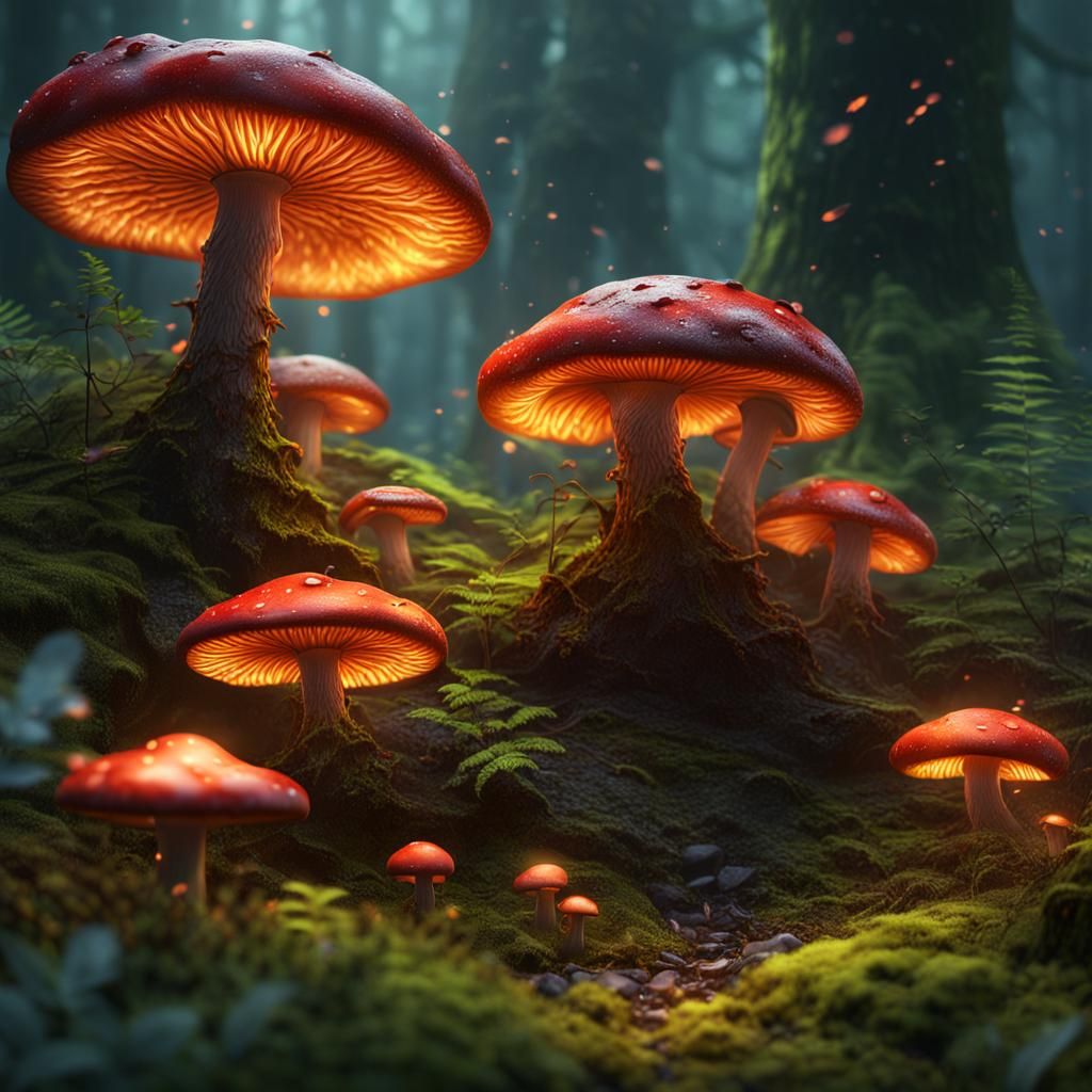 Luminous Fire Mushrooms in a Fantasy Forest