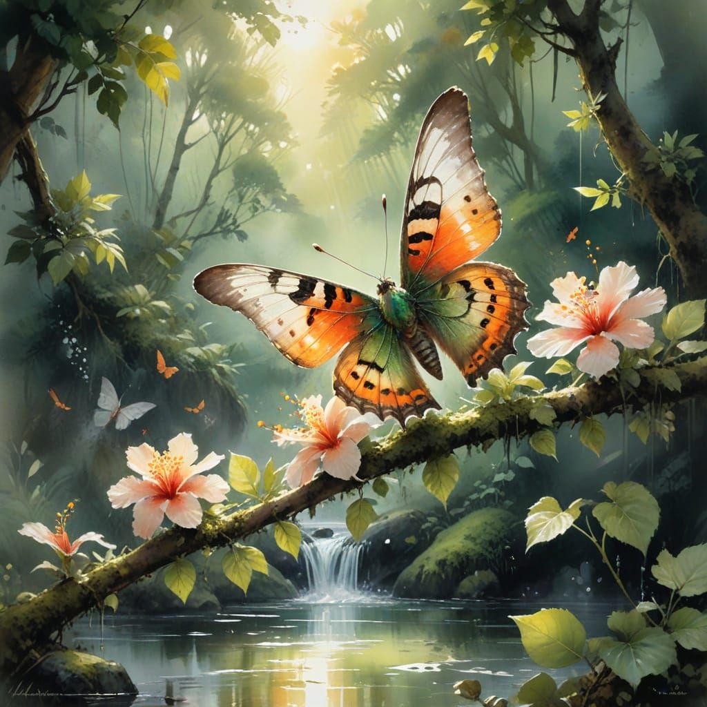 Iridescent Sunset Moth in Ancient Forest, Watercolor Art