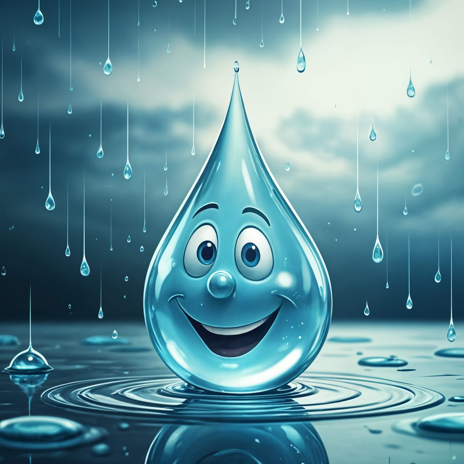 Cartoon Raindrop Sings on a Cloudy Day
