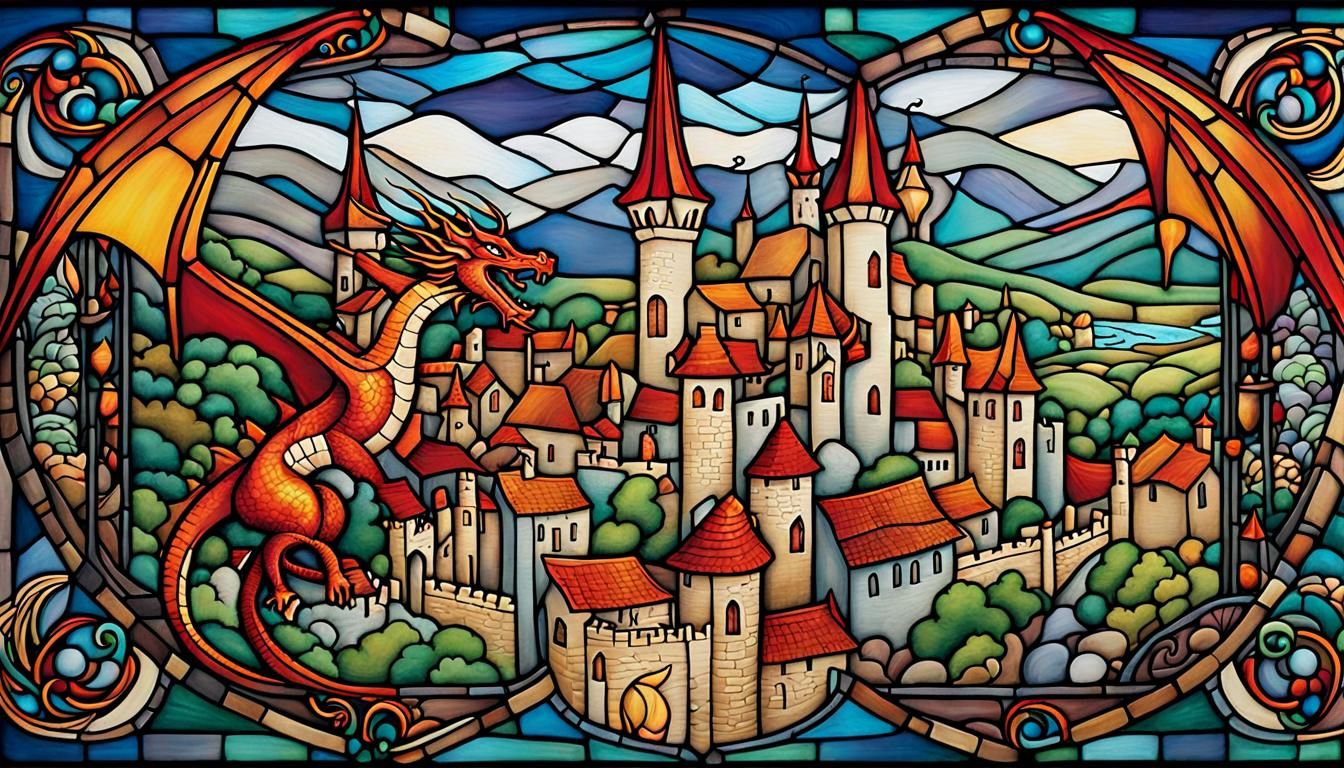 Majestic Dragon Soaring Over Burning Medieval Town