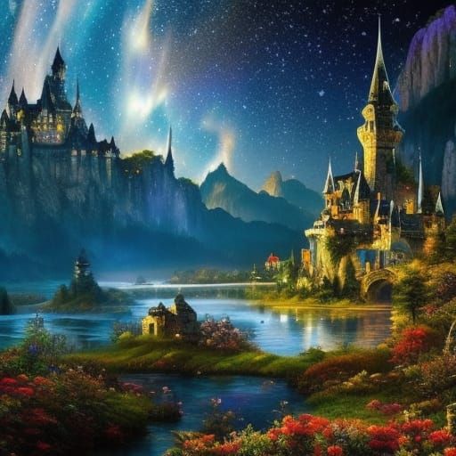 Starry Night Over Castle in Expressionist Style