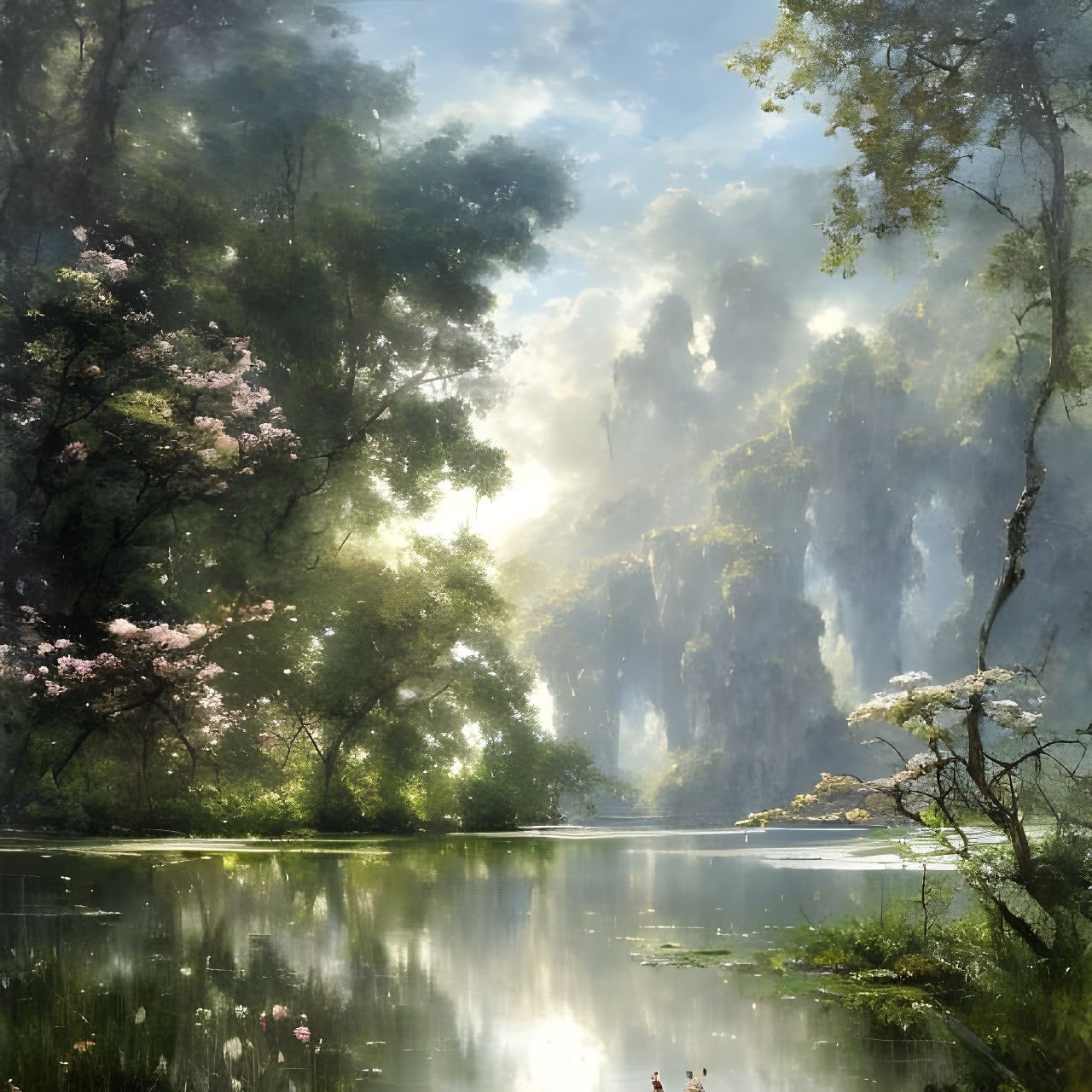 Epic Blossoming Tree Reflected in Verdant Landscape
