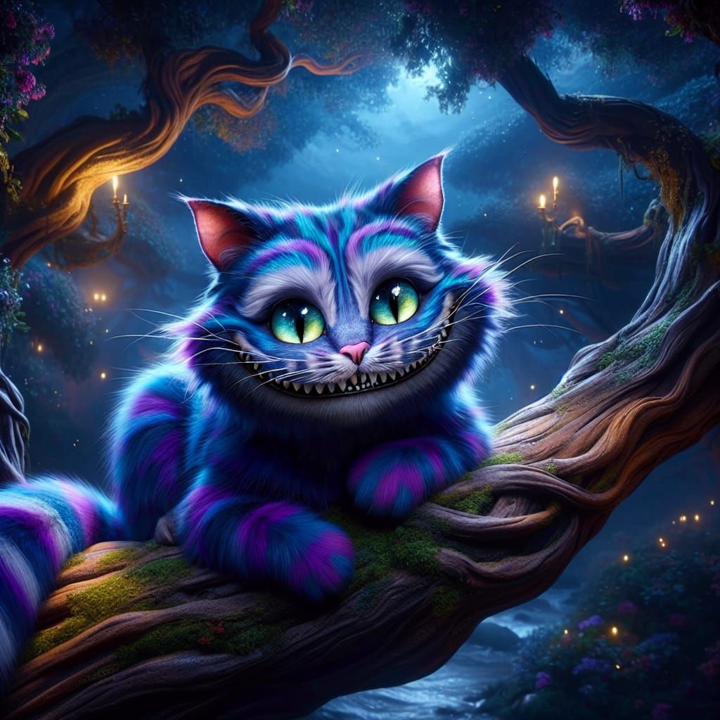 Grinning Blue Cat in Whimsical Forest, 8K