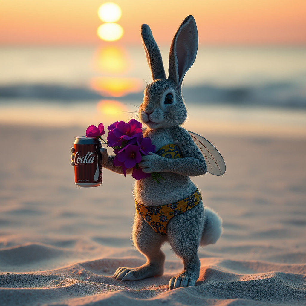Bunny in Beekini with Flowers on Beach