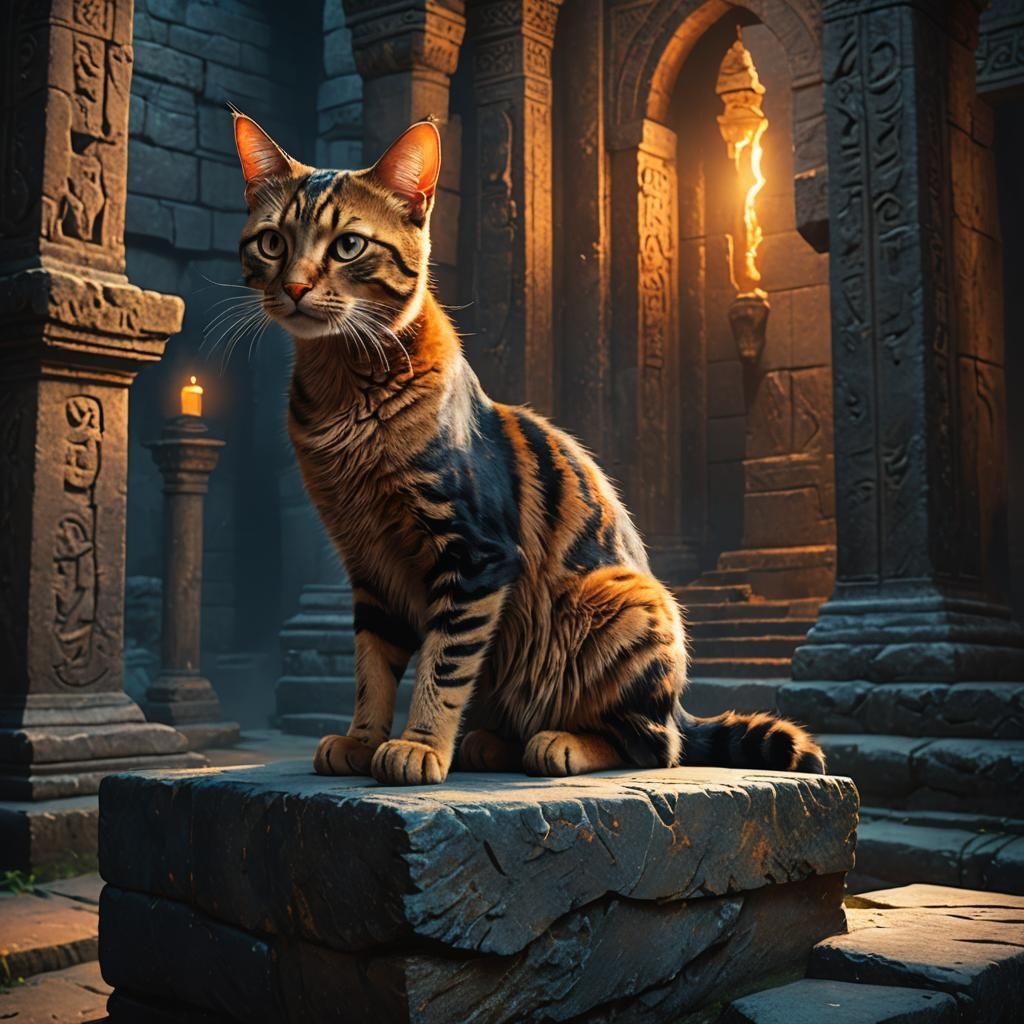 One-Eyed Cat in Mystical Temple, Dark Fantasy Art