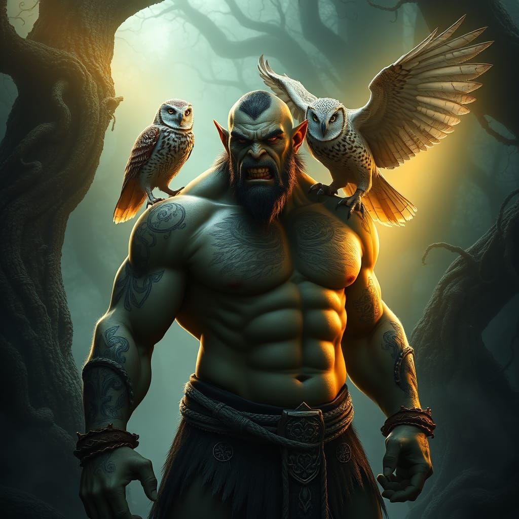 Heroic Orc Druid and Ethereal Owl in Mystical Forest