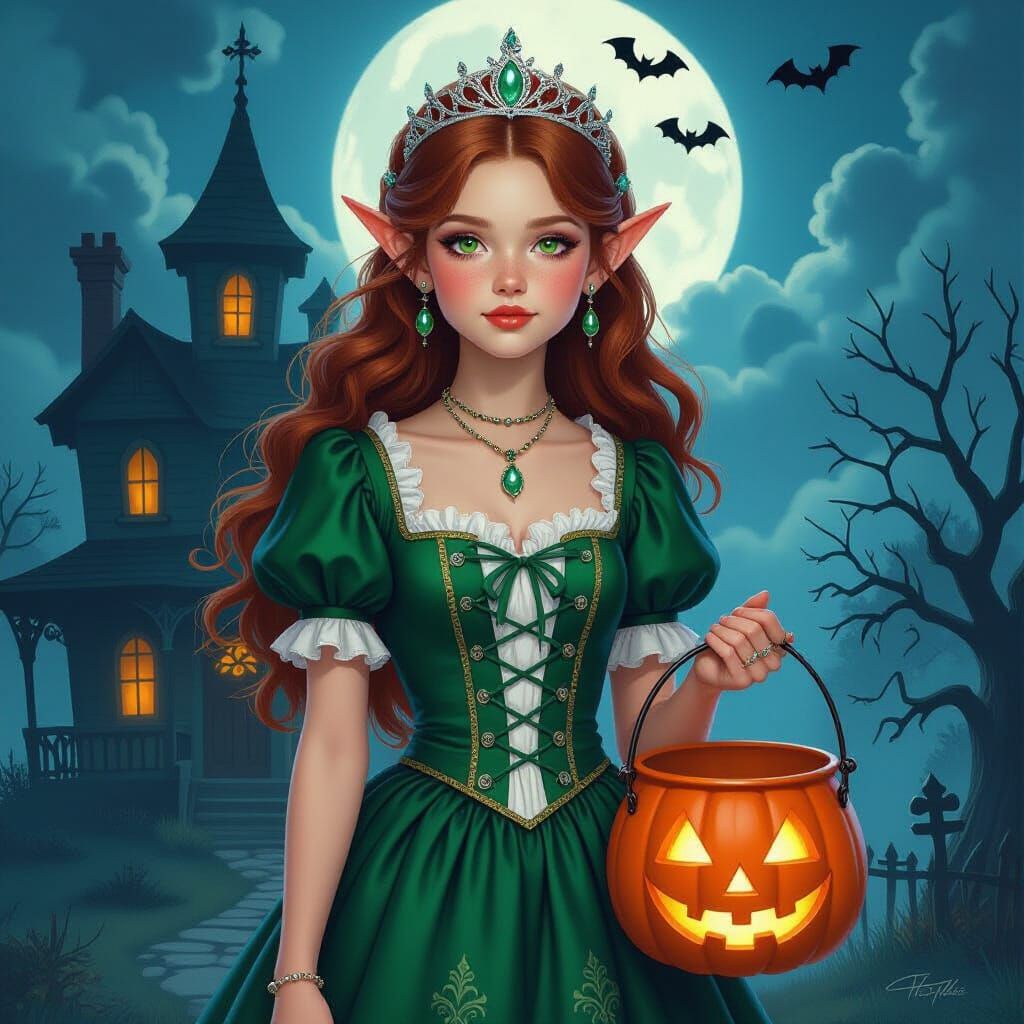 Elven Princess with Jack-o'-Lantern Before Haunted House