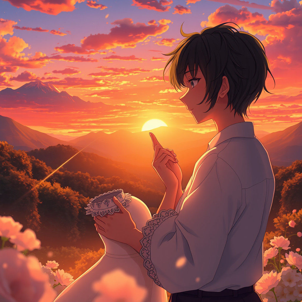 Romantic Sunset Embrace in 3D Anime Style