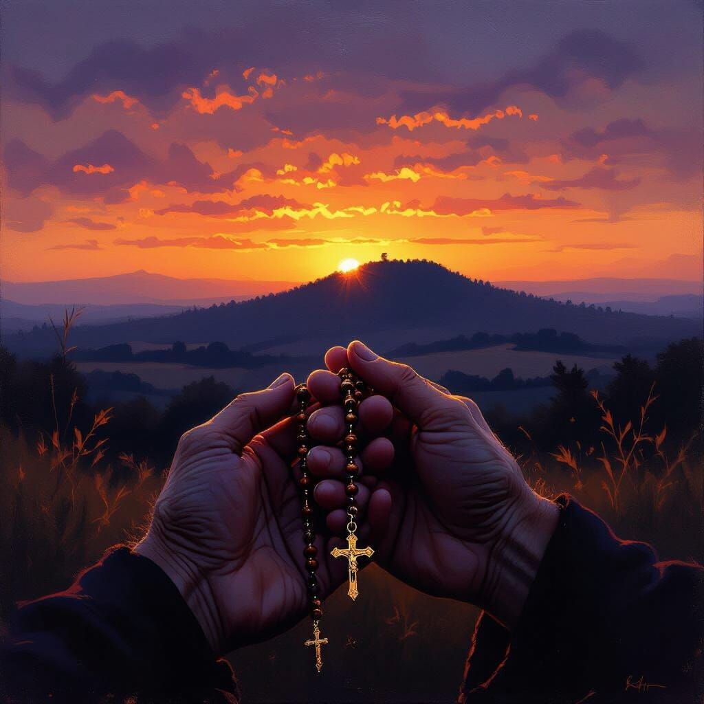 Weathered Hands Praying Rosary at Sunset Oil Painting