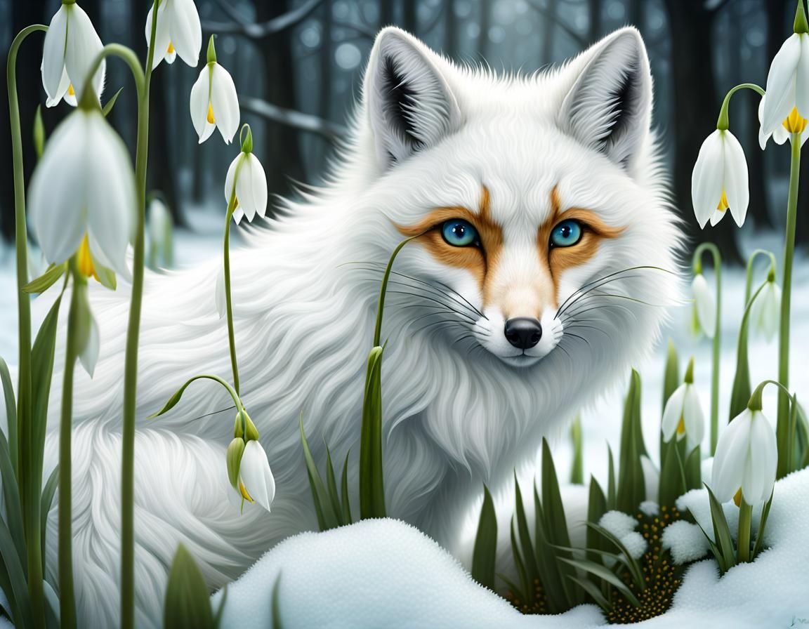 snow fox and snowdrops